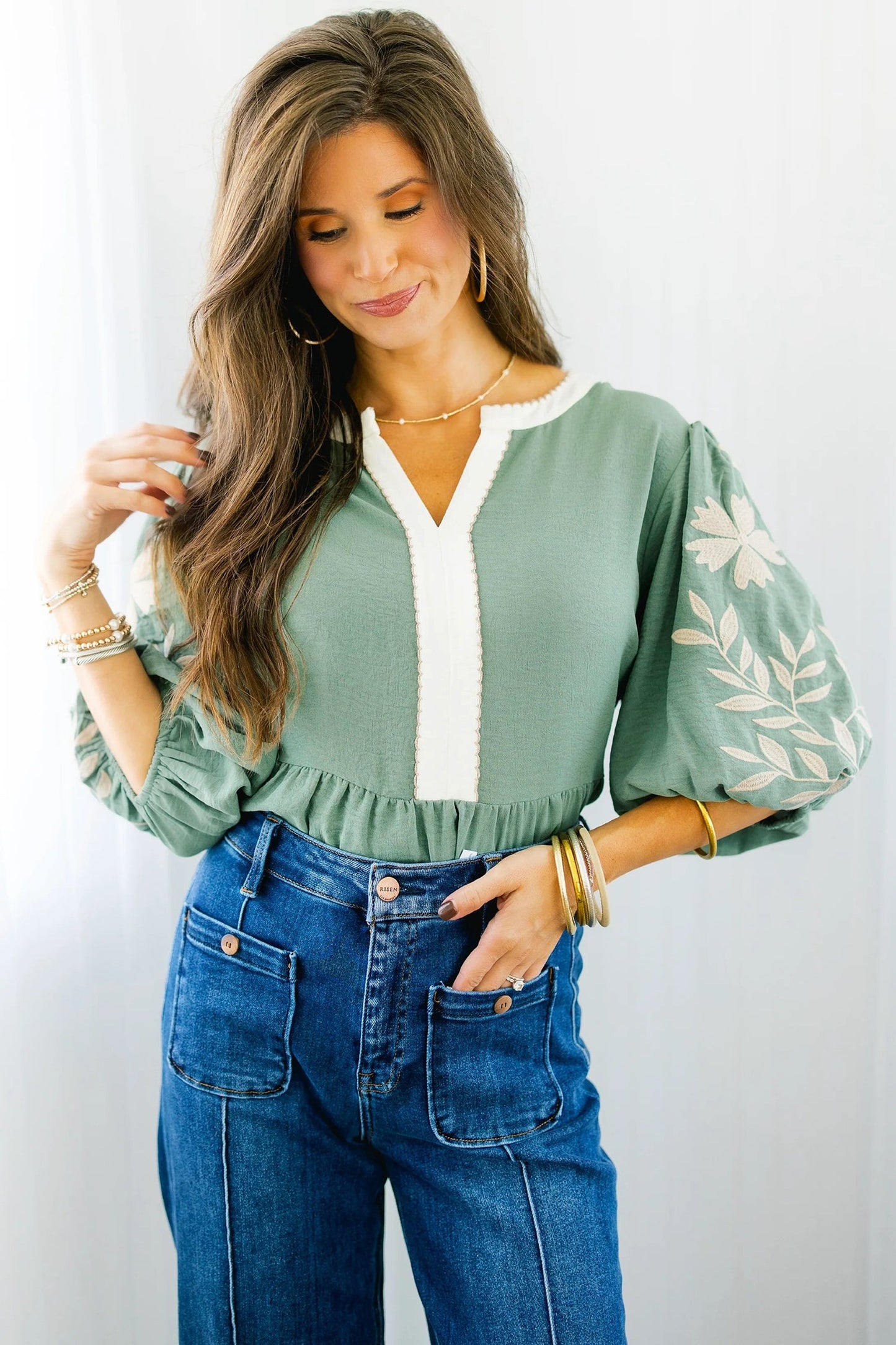 Smoke Green Color Block Patchwork V Neck Embroidered Puff Sleeve Babydoll Blouse