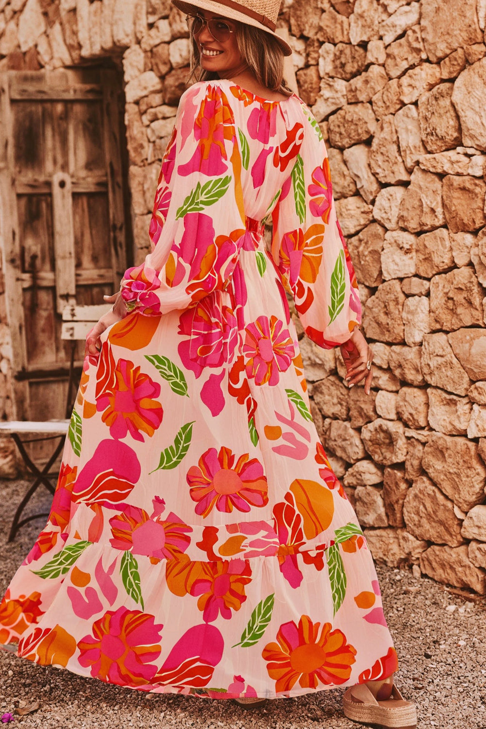 Beige Floral Print Smocked Detail V Neck Puff Sleeve Flowy Maxi Dress