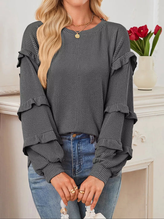 Ruffled Long Sleeve Knit T-Shirt