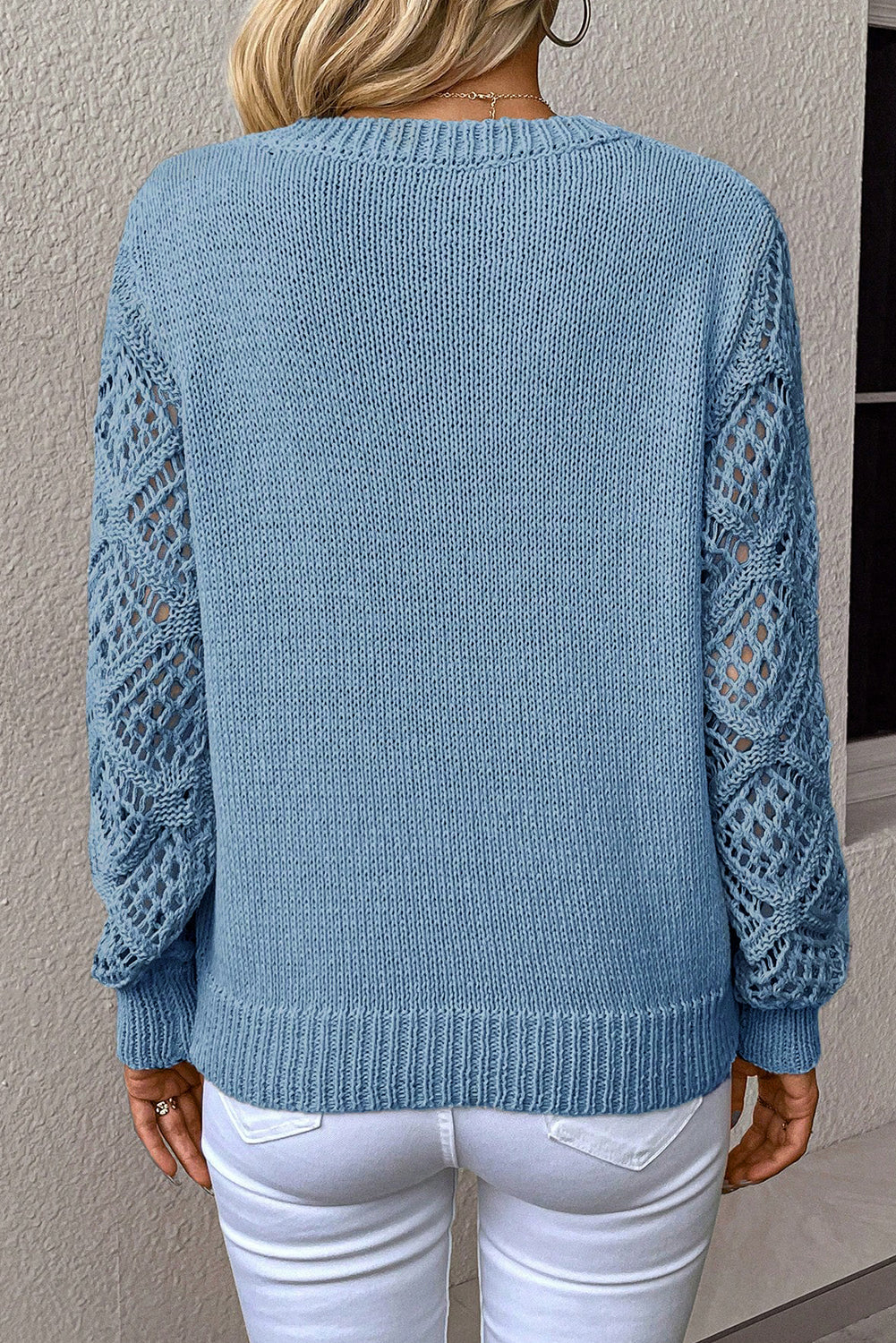 Black Solid V Neck Pointelle Knit Sleeve Patchwork Sweater