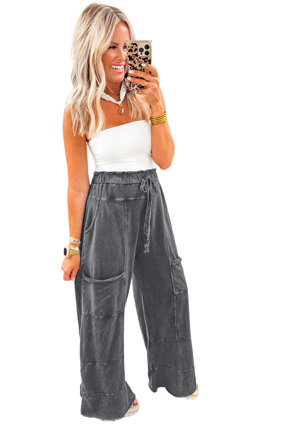 Wild Ginger  Mineral Wash Knot High Waist Raw Hem Pants