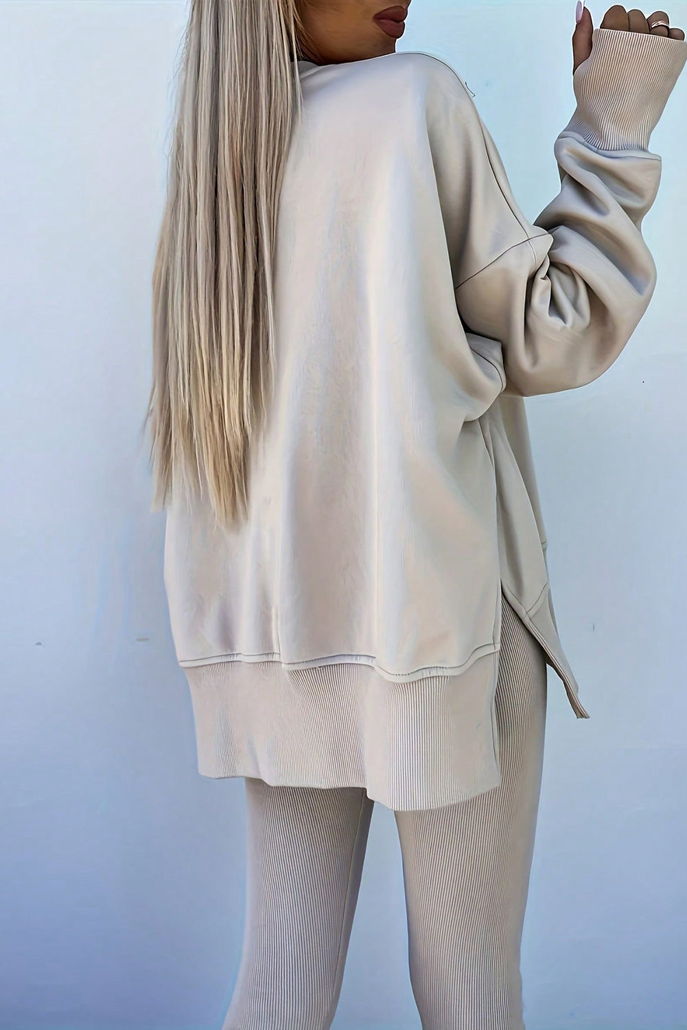 Jet Stream Solid Color Oversize Slit Sweatshirt Ribbed Leggings Set