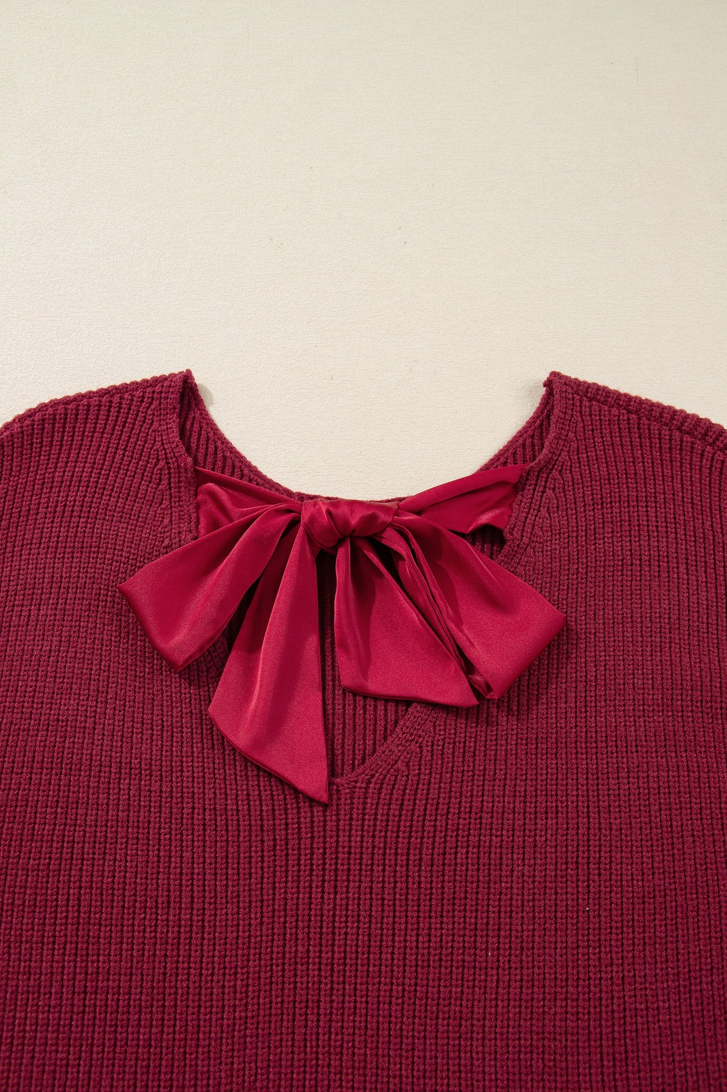 Jet Stream Ribbed Knit Ribbon Knot Backless Drop Shoulder Sweater