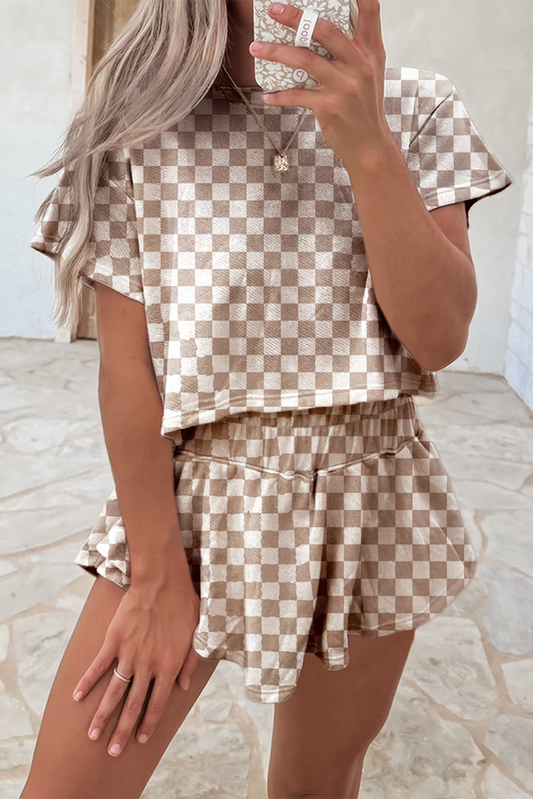 Brown Checkerboard T Shirt and High Waist Skorts Set