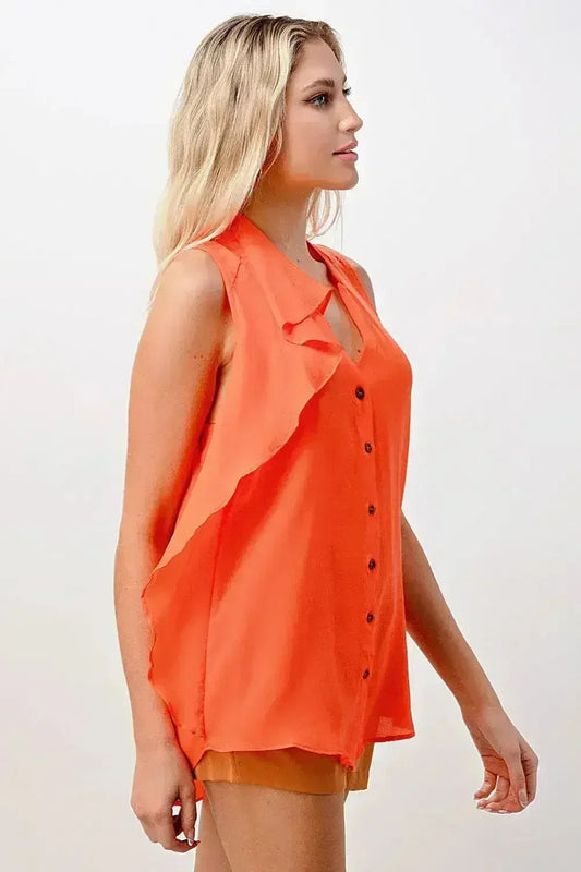 Silk Sleeveless Ruffle Blouse - Asymmetrical Button-Up Top in Orange & Blue | Femstylo