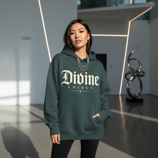 Divine Energy Hoodie — Gothic Script Faith Graphic | Wear Your Worship
