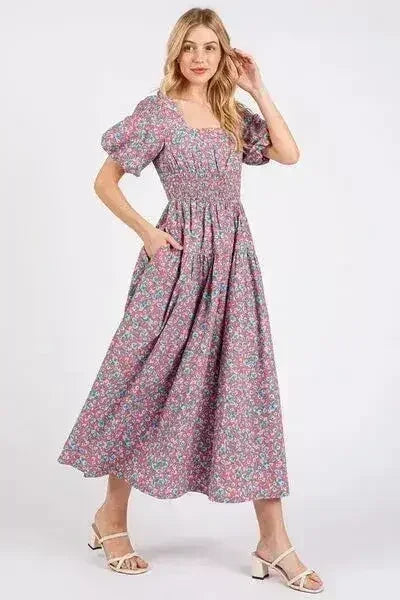Smocked Floral Square Neck Puff Sleeve Midi Dress - Femstylo