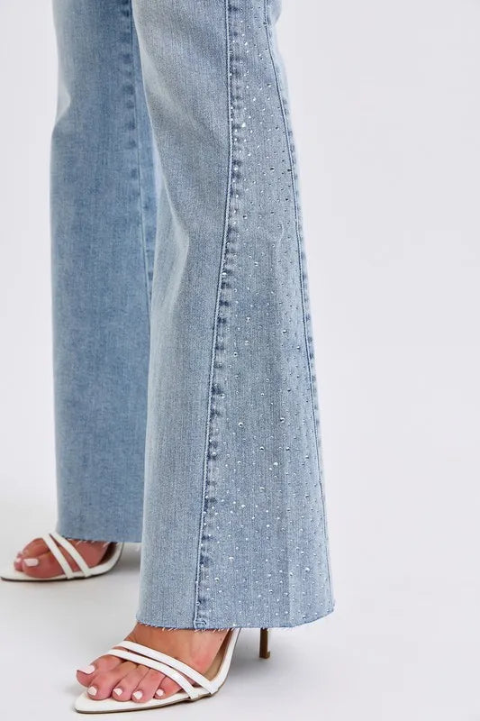 Judy Blue Full Size Mid Rise Rhinestone Side Panel Detail Flare Jeans Plus Size