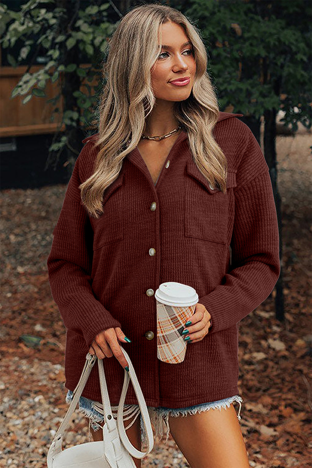 Red Sandalwood Ribbed Knit Buttons Front Flap Pocket Casual Shacket