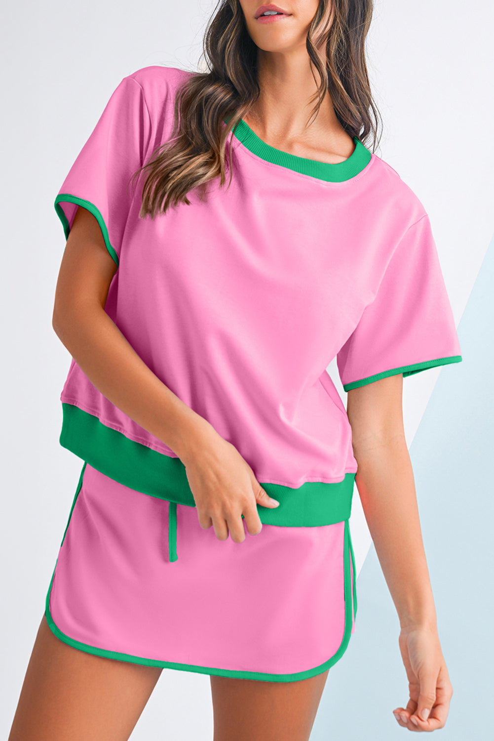 Black Colorblock Edge Drop Shoulder T Shirt and Skort 2Pcs Set