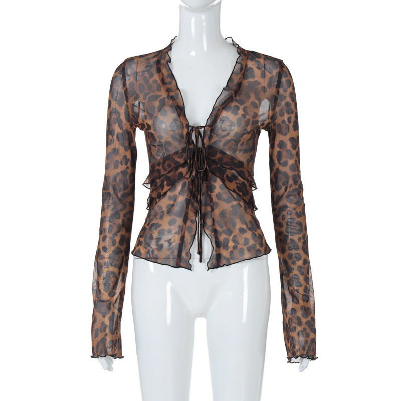European And American Fashion Sexy Mesh See-through Cardigan Lace-up T-shirt