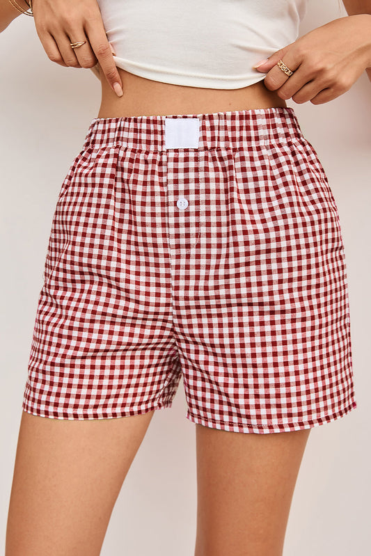 Fern Green Vintage Plaid Print High Waisted Loose Wide Leg Shorts