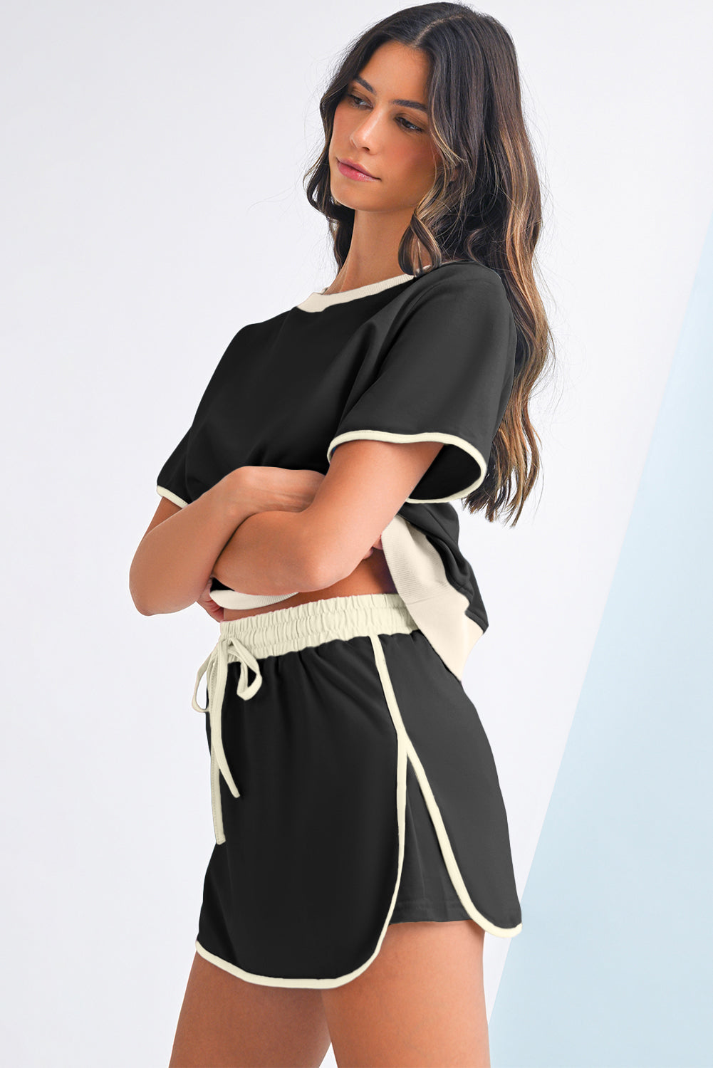 Black Colorblock Edge Drop Shoulder T Shirt and Skort 2Pcs Set