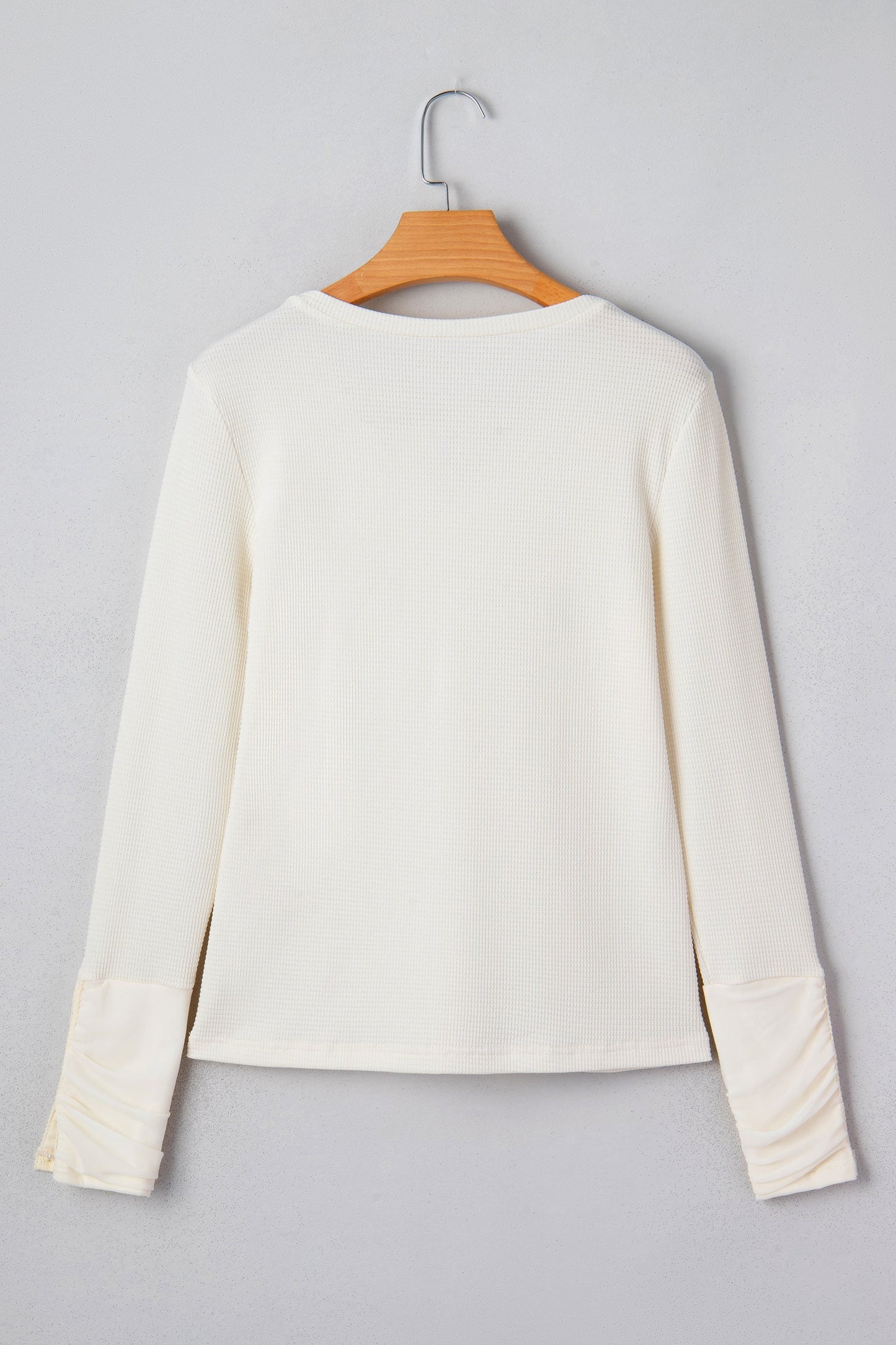 Beige Thermal Knit Lace Ruched Patchwork Long Sleeve V Neck Top