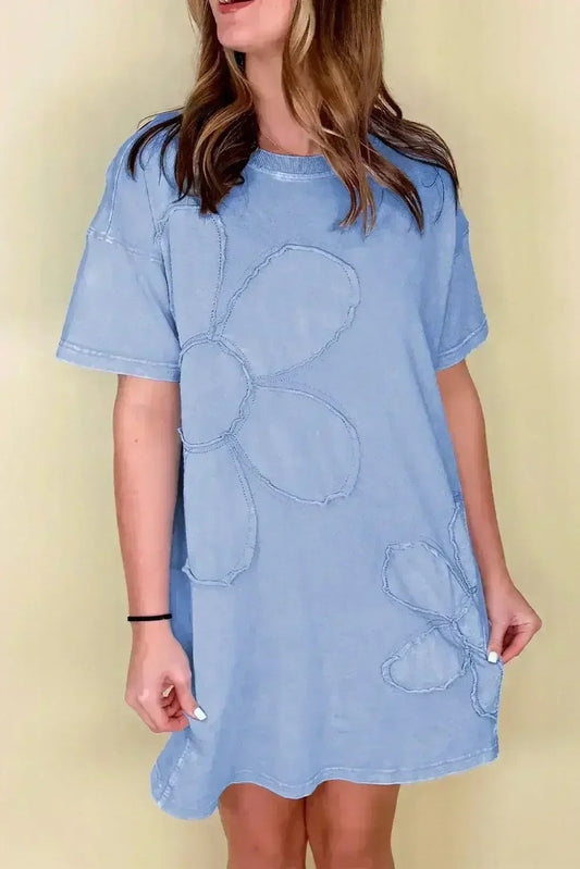 Sky Blue Mineral Wash Flower Patchwork Mini T Shirt Dress