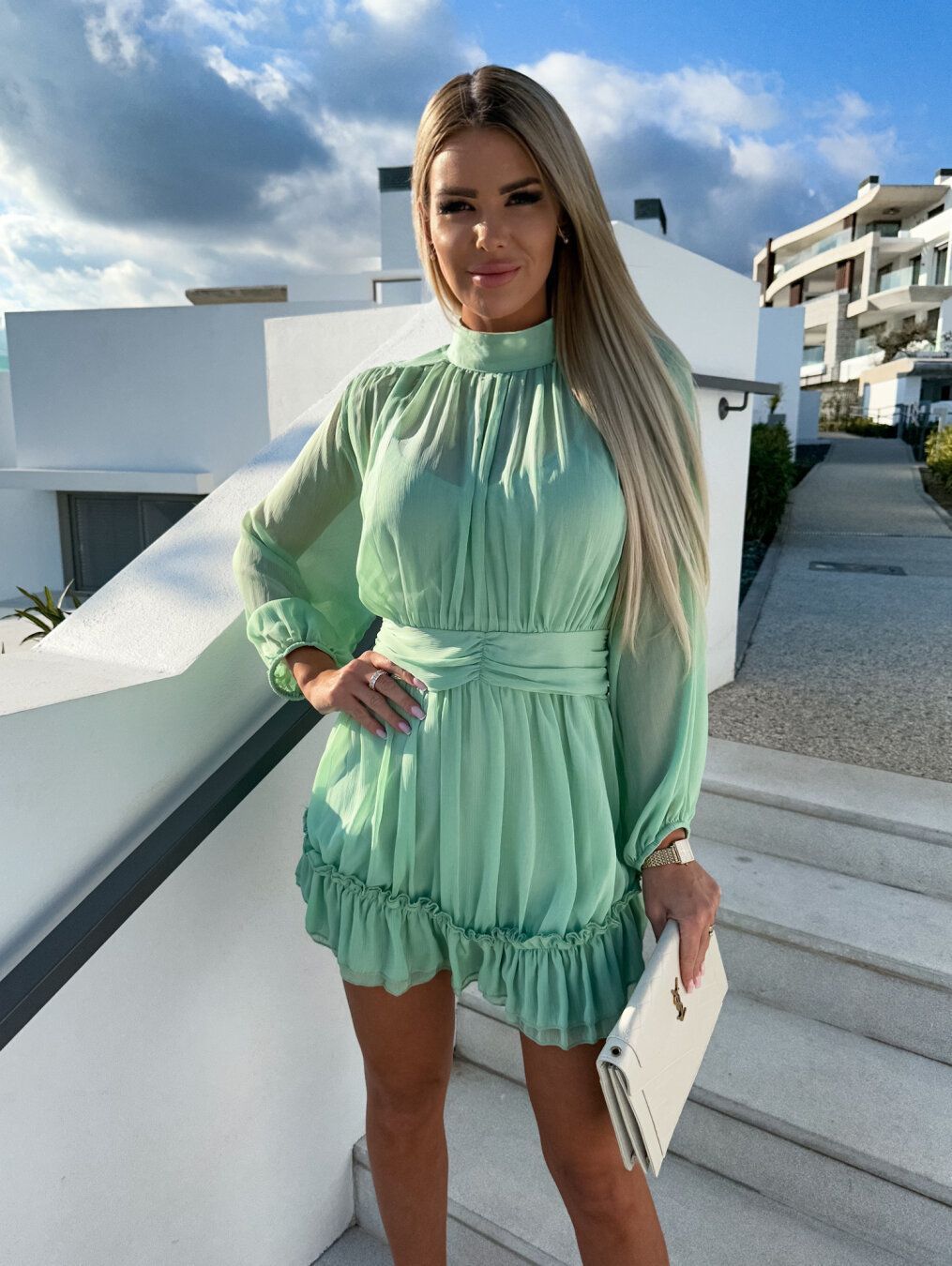 Women's Solid Color Chiffon Waist Shirring Dress