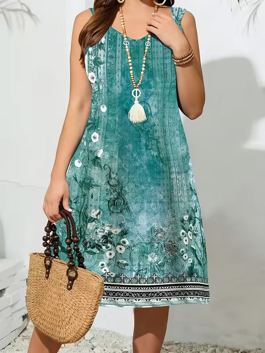 Plus Size Boho Floral Print Sleeveless Midi Dress – Women's Vintage Ethnic Border Dress