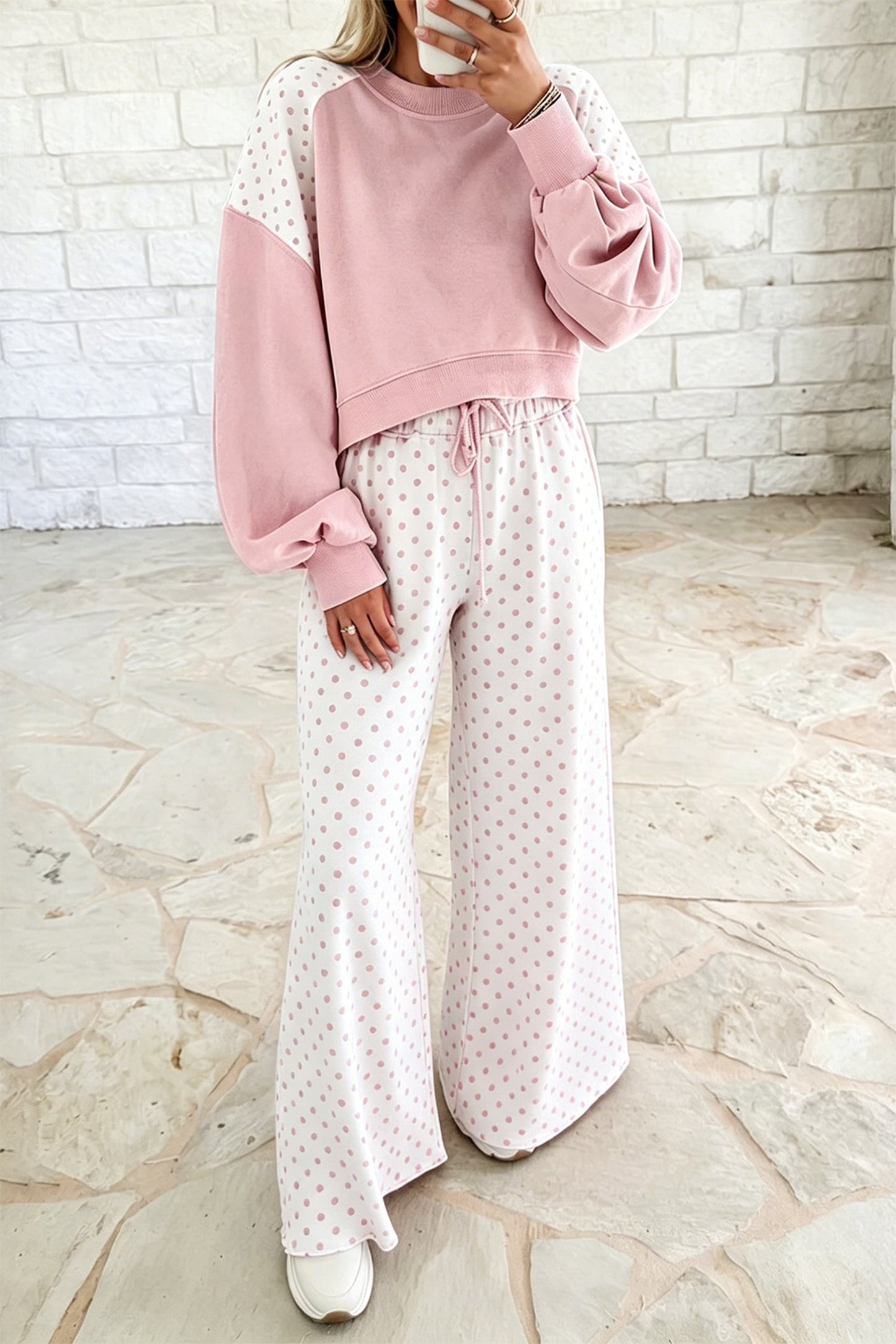Green Polka Dot Patchwork Colorblock Long Sleeve Casual Two Piece Pants Set