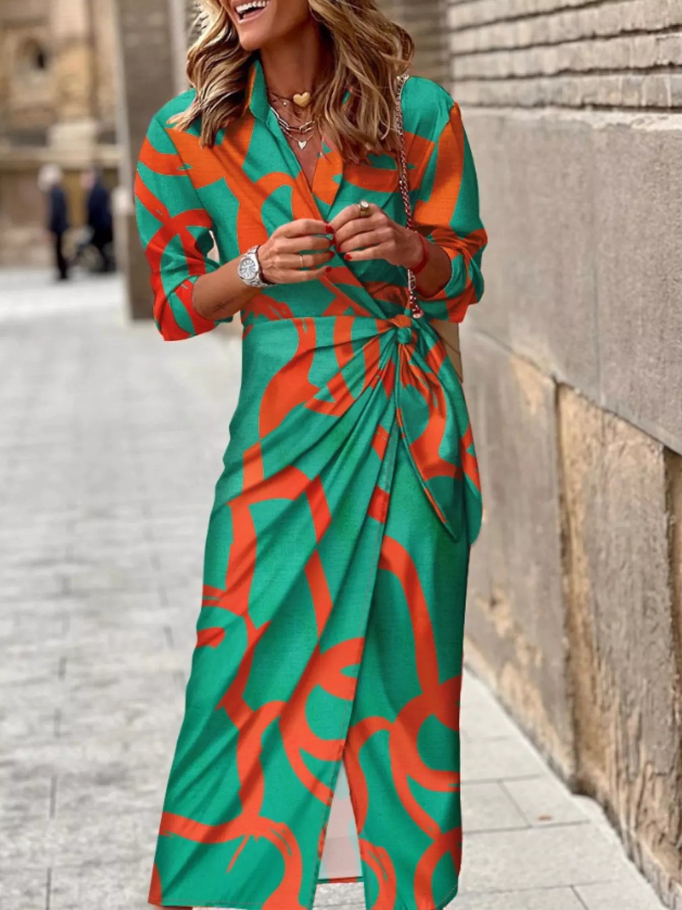 Printed Collared Neck Shirt Dress
