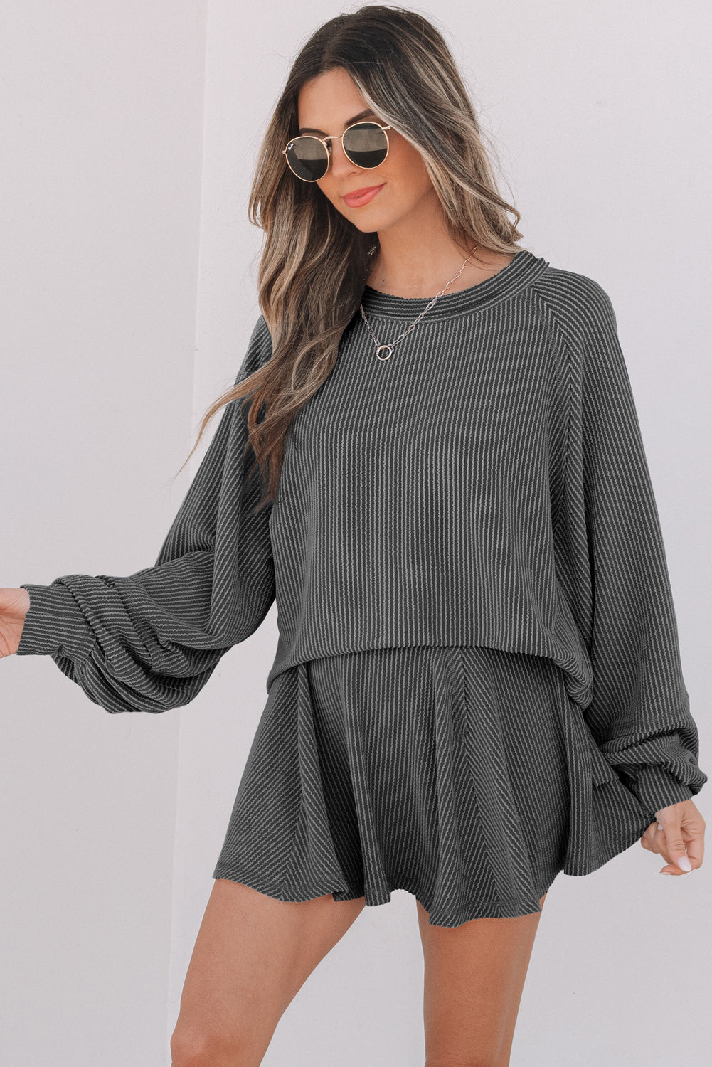 Jet Stream Corded Lantern Sleeve Top High Waist Ruffled Mini Skirt Set