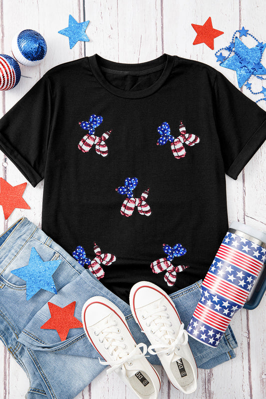 Black Patriotic Sequin Balloon Puppy Graphic Crewneck Tee