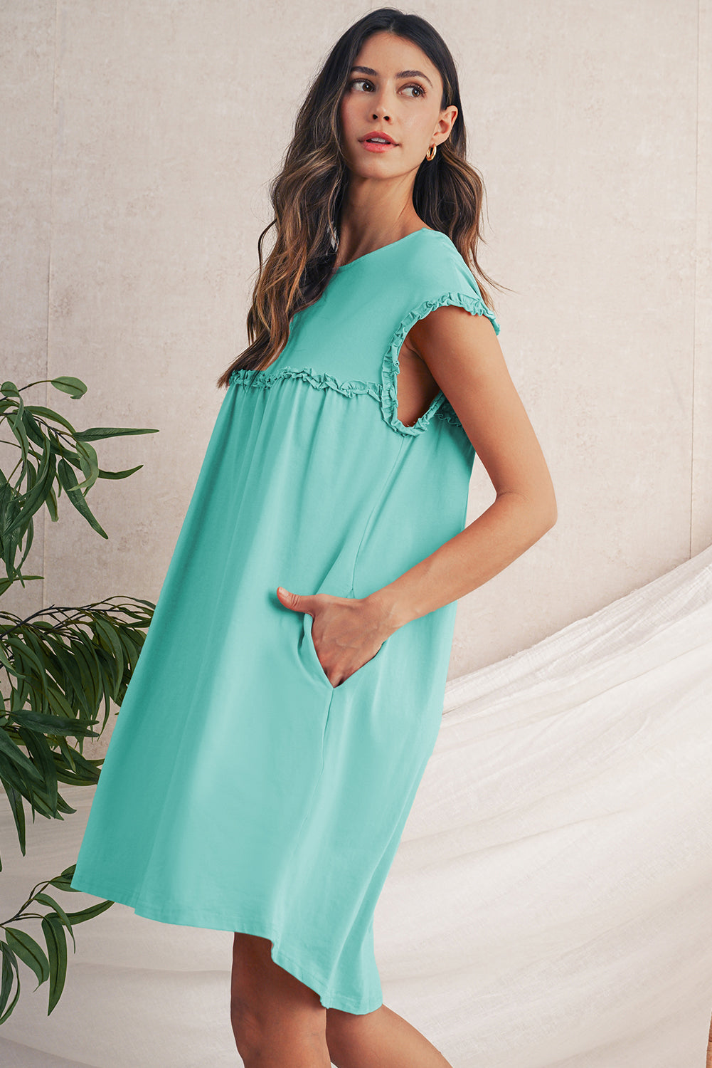 Mint Green Frilled Trim Crewneck Loose Fit Mini Dress