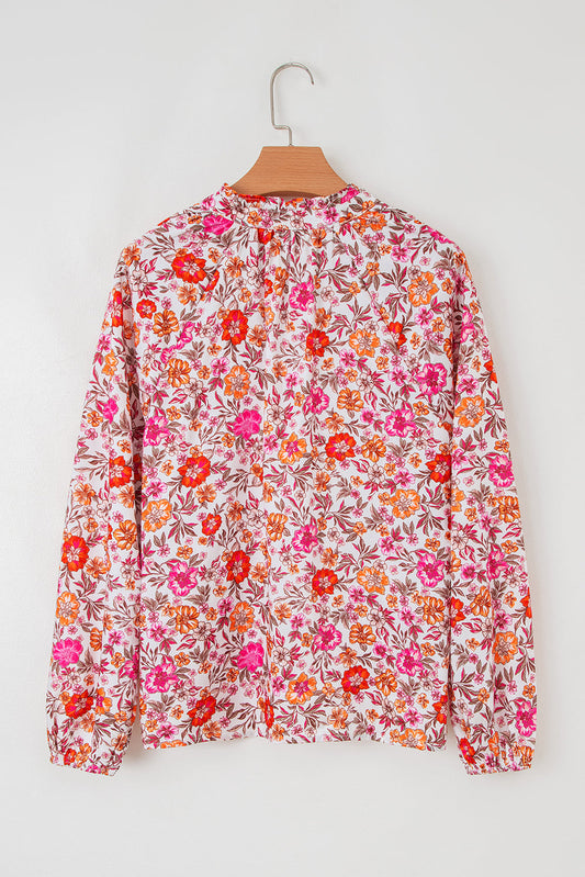 Pink Floral Print Tie Split Neck Bracelet Sleeve Blouse