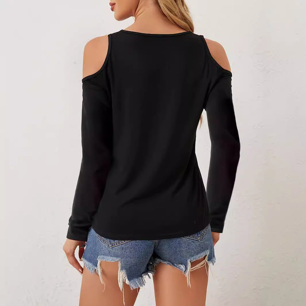 Fashion Hollowed-out Solid Color T-shirt Top Women