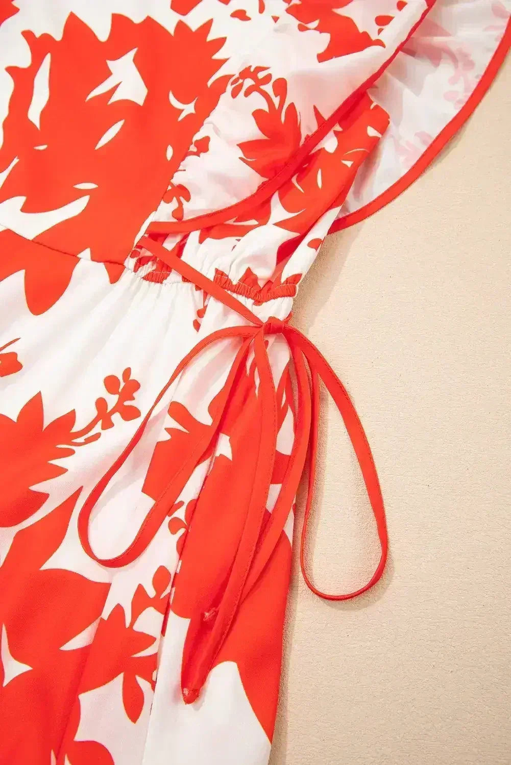 Red Floral Print Trimmed V Neck Ruffle Sleeve Maxi Dress