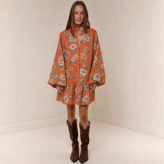Digital Print Lantern Sleeve Linen Midi Dress – Loose Fit Pullover