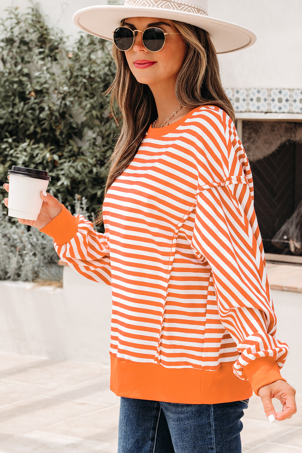 Black Stripe Exposed Seam Drop Shoulder Casual Pullover Top