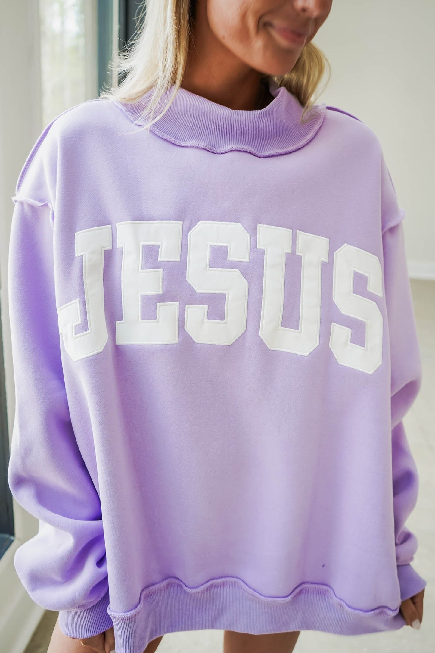 Orchid Bouquet JESUS Letter Print Exposed Seam Mock Neck Baggy Sweatshirt