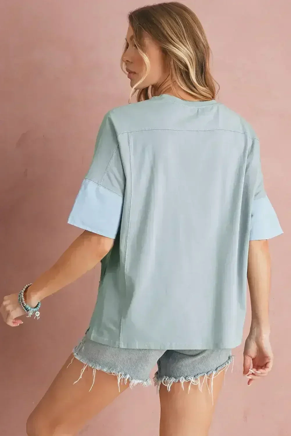 Aruba Blue Frayed Star Patched 4th of July Oversize T Shirt
