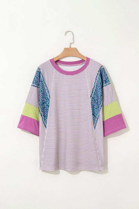 Purple Stripe Floral Color Block Raw Edge Patchwork Bracelet Sleeve Blouse