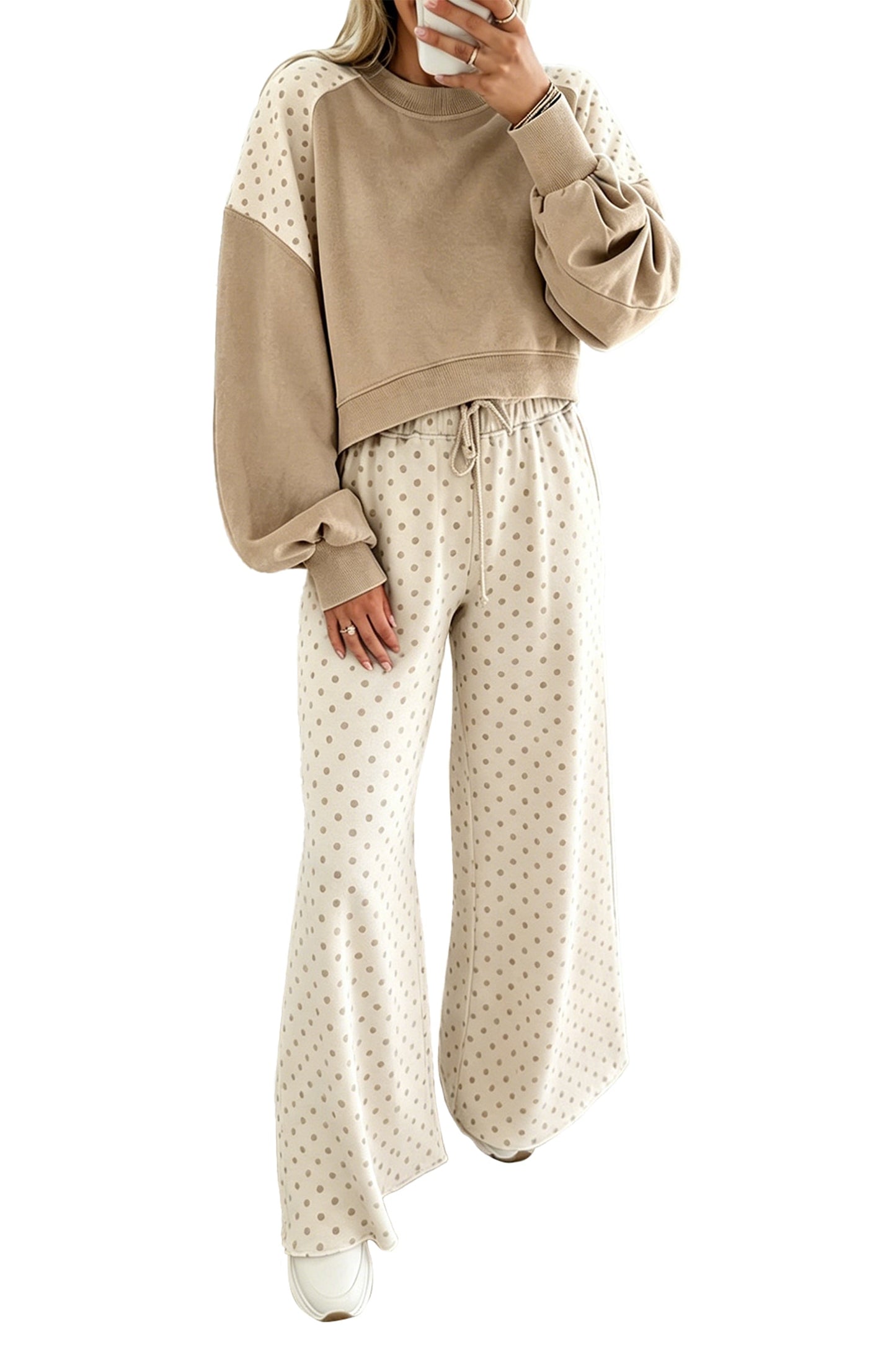 Green Polka Dot Patchwork Colorblock Long Sleeve Casual Two Piece Pants Set