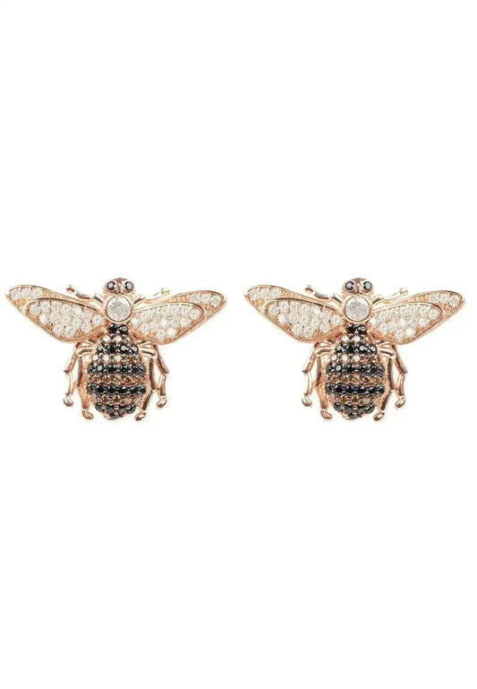 Rose Gold Bee Stud Earrings | Champagne Zirconia Insect Jewelry - Femstylo