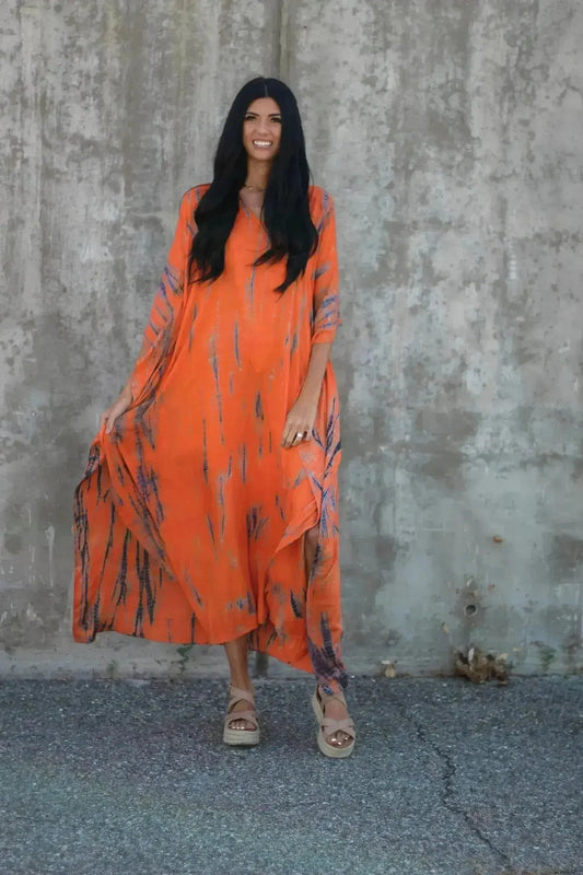 Hand-Dyed Tie-Dye Orange Maxi Kaftan Dress with Pockets – Loose Fit,