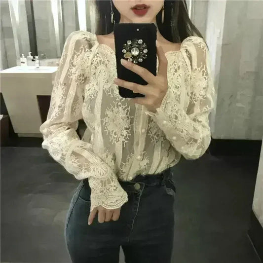 Mesh Pearls Shirts Strapless Lace Long Sleeve Gauze Stitching Blouse