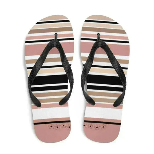 Striped Beige Black & Cream Flower Detail Flip Flops. Beach Shoes